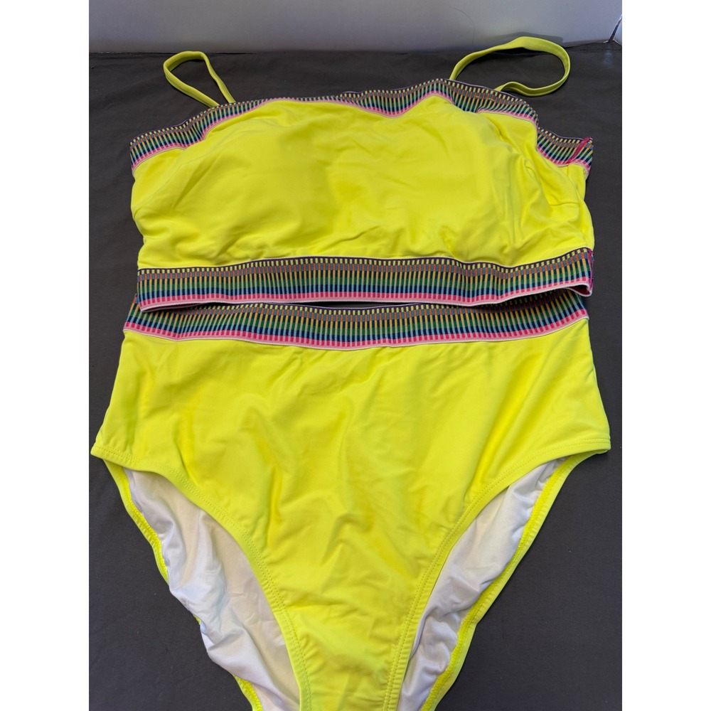 Neon Yellow Rainbow Stripe High Waisted Bikini Set Size XL Sporty Two Piece